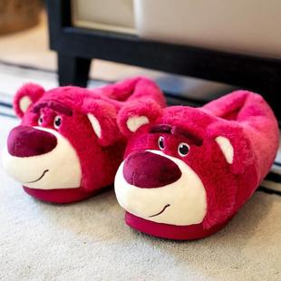 正版迪士尼草莓熊棉拖鞋女可爱全包跟秋冬季毛绒棉鞋室内保暖家用