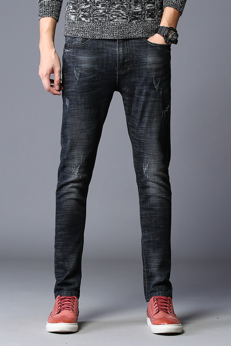 zerojeas黑色牛仔裤男修身小脚韩版潮流破洞百搭弹力宽松简约裤男