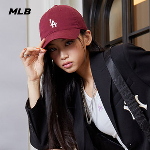 MLB帽子正品2024新款运动帽男女款酒红色棒球帽软顶小标LA鸭舌帽