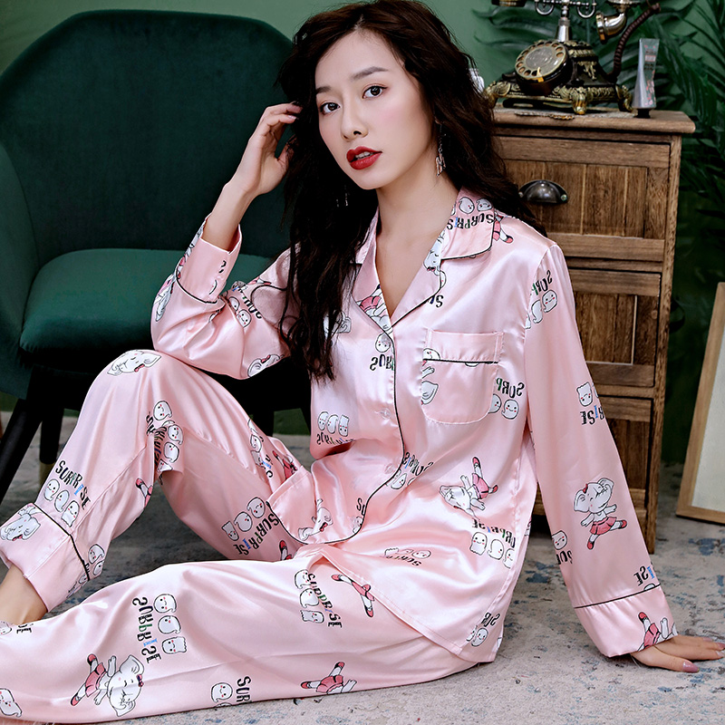 甜美韩版冰丝睡衣女士春秋款长袖长裤薄款性感开衫套装丝绸家居服