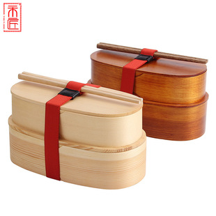 一木一匠双层日式便当盒学生分格午餐木质饭盒寿司盒子送筷子绑带