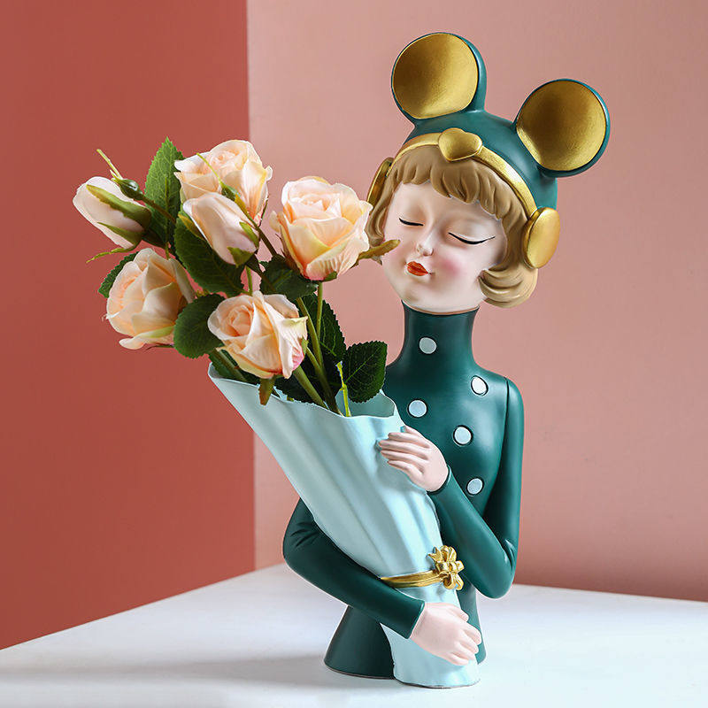 轻奢泡泡女孩摆件客厅电视酒柜卧室房间少女心桌面布置假花插花