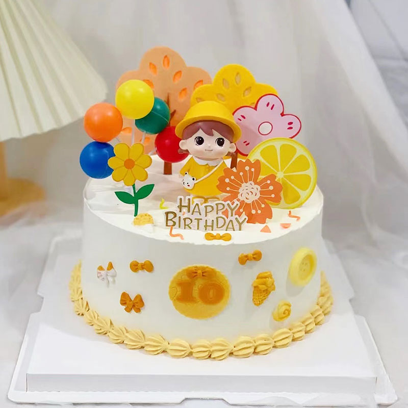 黄色带帽小女孩生日蛋糕摆件黄帽背包萌萌女孩生日烘焙装饰套装