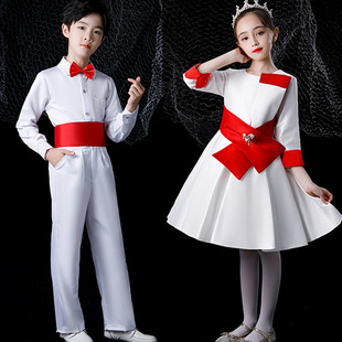 儿童大合唱演出服中小学生表演服朗诵比赛女童长袖公主裙白色礼服