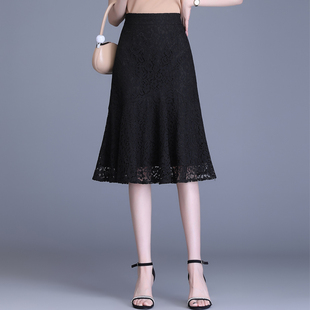 黑色蕾丝鱼尾裙女夏季2024新款高腰显瘦中长款包臀气质A字半身裙
