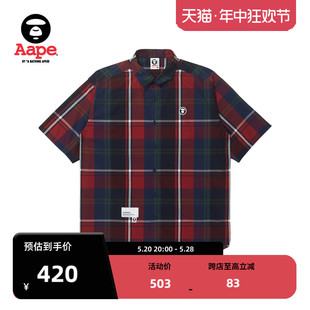 Aape旗舰店男装春夏格纹拼色复古宽松短袖衬衫8435XXK