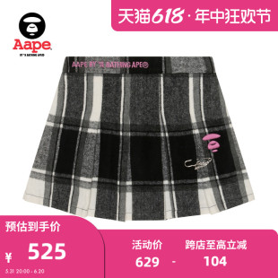 Aape旗舰店女装春夏猿颜字母刺绣格纹复古黑白百褶短裙A633XXL