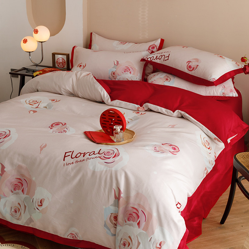 印花结婚四件套婚床上用品新婚庆红色高级感女方陪嫁被套婚嫁系列