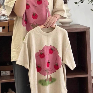 现货波拉bora韩版童装2024夏款女童苹果树宽松短袖T恤洋气上衣潮