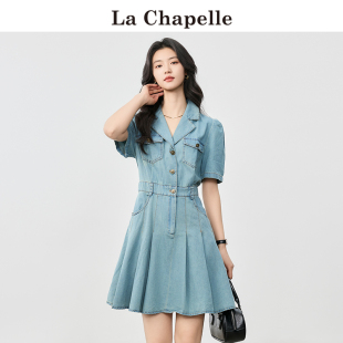 拉夏贝尔/La Chapelle港风复古牛仔连衣裙女夏季短袖短款百褶裙