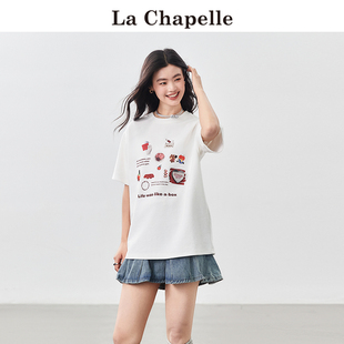 拉夏贝尔/La Chapelle白色短袖t恤女夏季印花宽松圆领上衣体恤衫