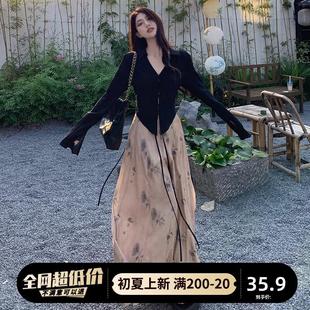 黑色新中式国风连衣裙子套装女夏季新款早初春气质穿搭一整套