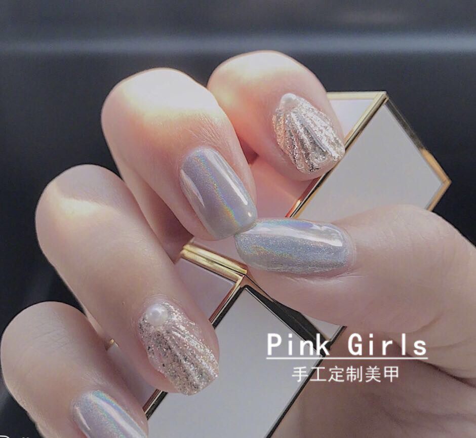 镭射粉贝壳甲水波纹日式ins小红书网红抖音美甲假指甲贴片定制