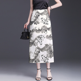 中国风复古显瘦半身裙女夏季2024新款高腰印花通勤包臀裙中长裙子