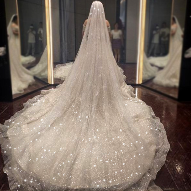 抖音星空头纱新娘主婚纱超长拖尾可订制闪闪亮奢华结婚婚礼配饰女