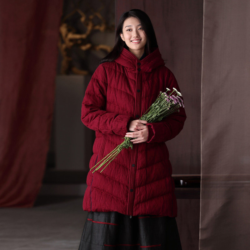 【晚烟】吉祥羽儿原创冬金属丝棉布带帽羽绒服中长款外套女