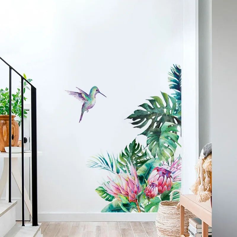 Tropical Leaves Wall Refrigerator Stickers Flowers Birds Mur