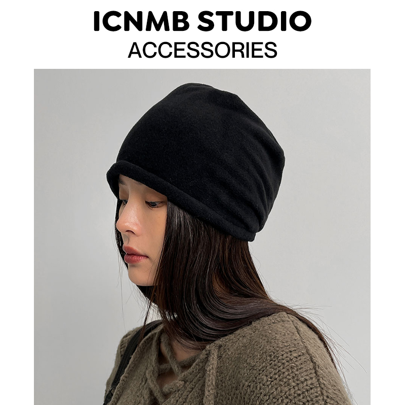 ICNMB毛线帽子女春秋韩版纯色宽松大头堆堆帽羊毛冷帽日系针织帽