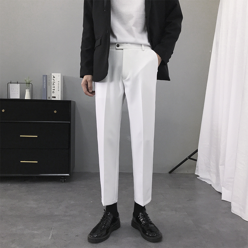 坠感白色西装裤男秋季韩版修身休闲小西裤潮流直筒宽松帅气男裤子