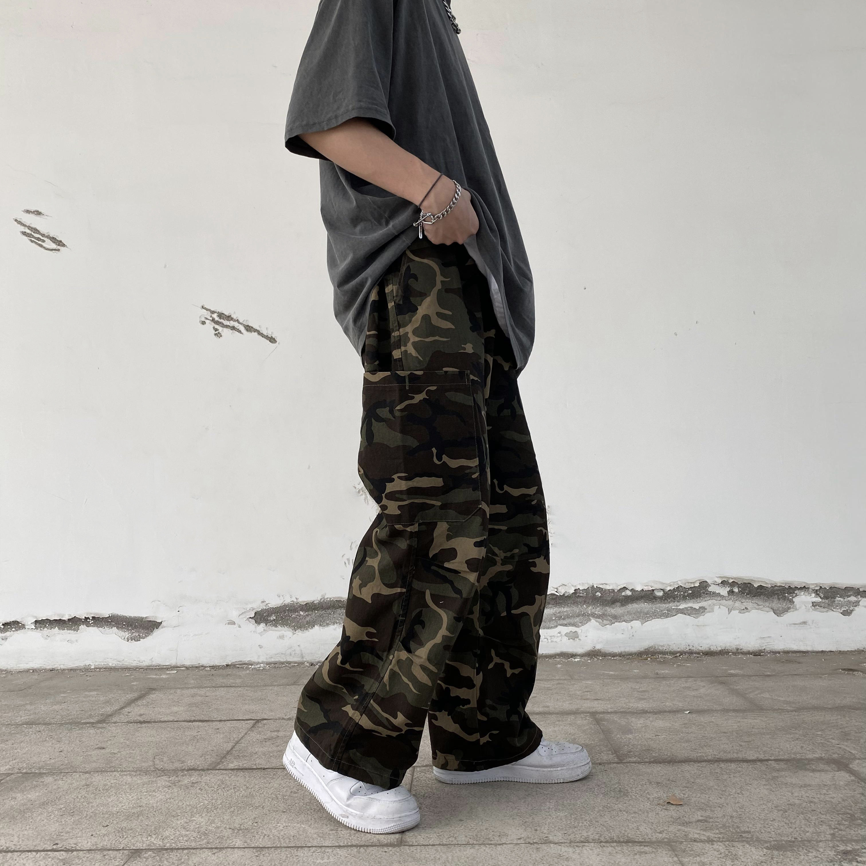 美式复古痞帅休闲迷彩工装裤男ins潮牌高街hiphop百搭直筒阔腿裤