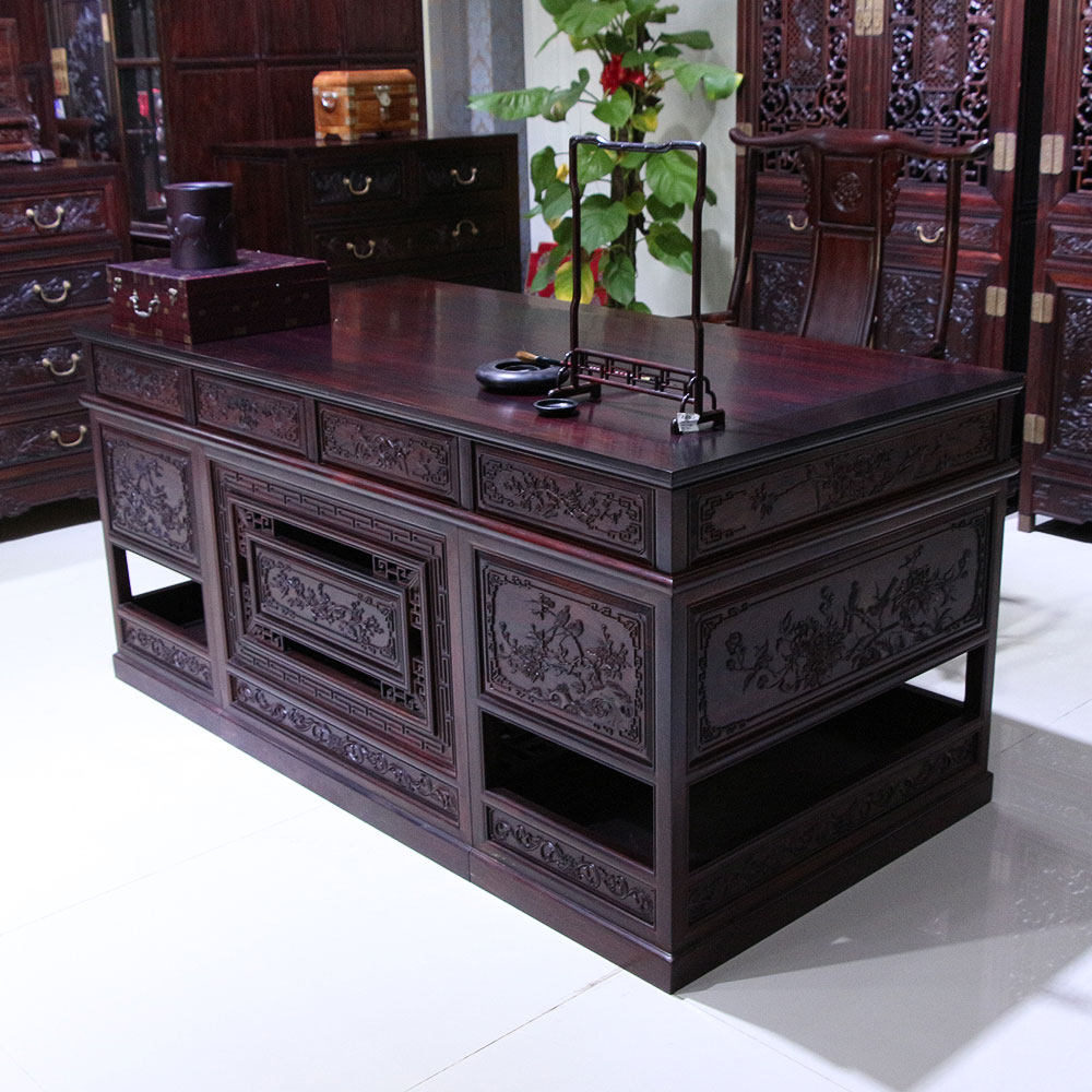 【即拍即得】红酸枝精美雕刻办公桌花鸟图案书房办公家具高端好货