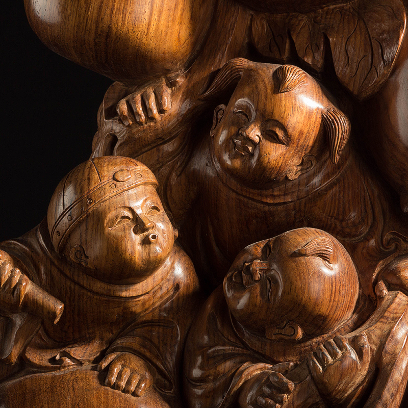 【即拍即得】黄花梨精致雕刻五子登科大摆件 红木工艺品高端好货