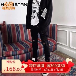 #HS22SS DENIM SLIM JEANS破坏刀割破洞修身弹力黑色小脚牛仔裤潮