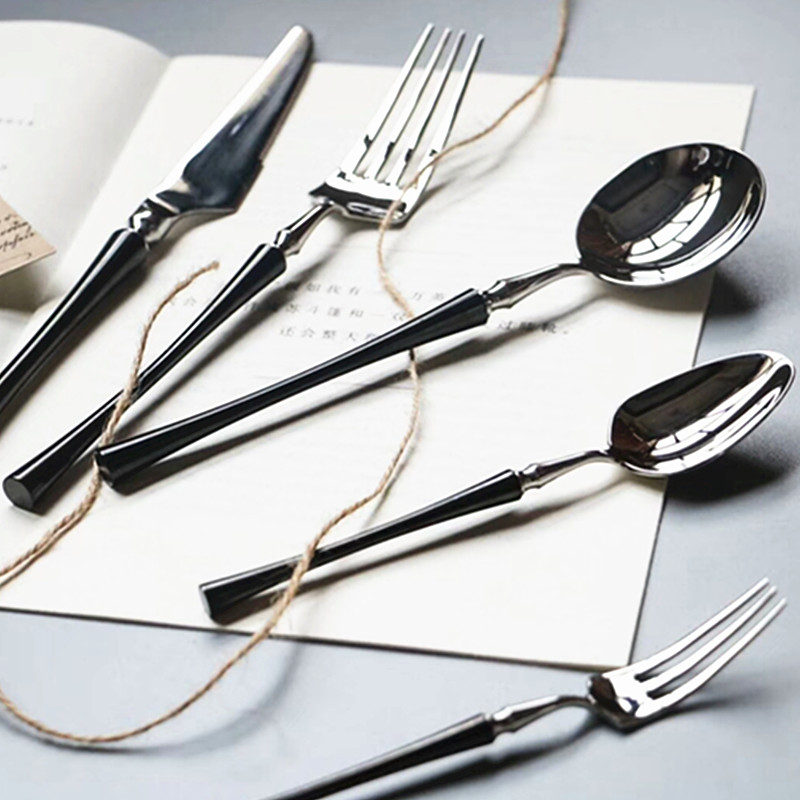 新品酒店欧式典雅创意黑银304不锈钢西餐餐具牛扒刀叉勺实心筷子