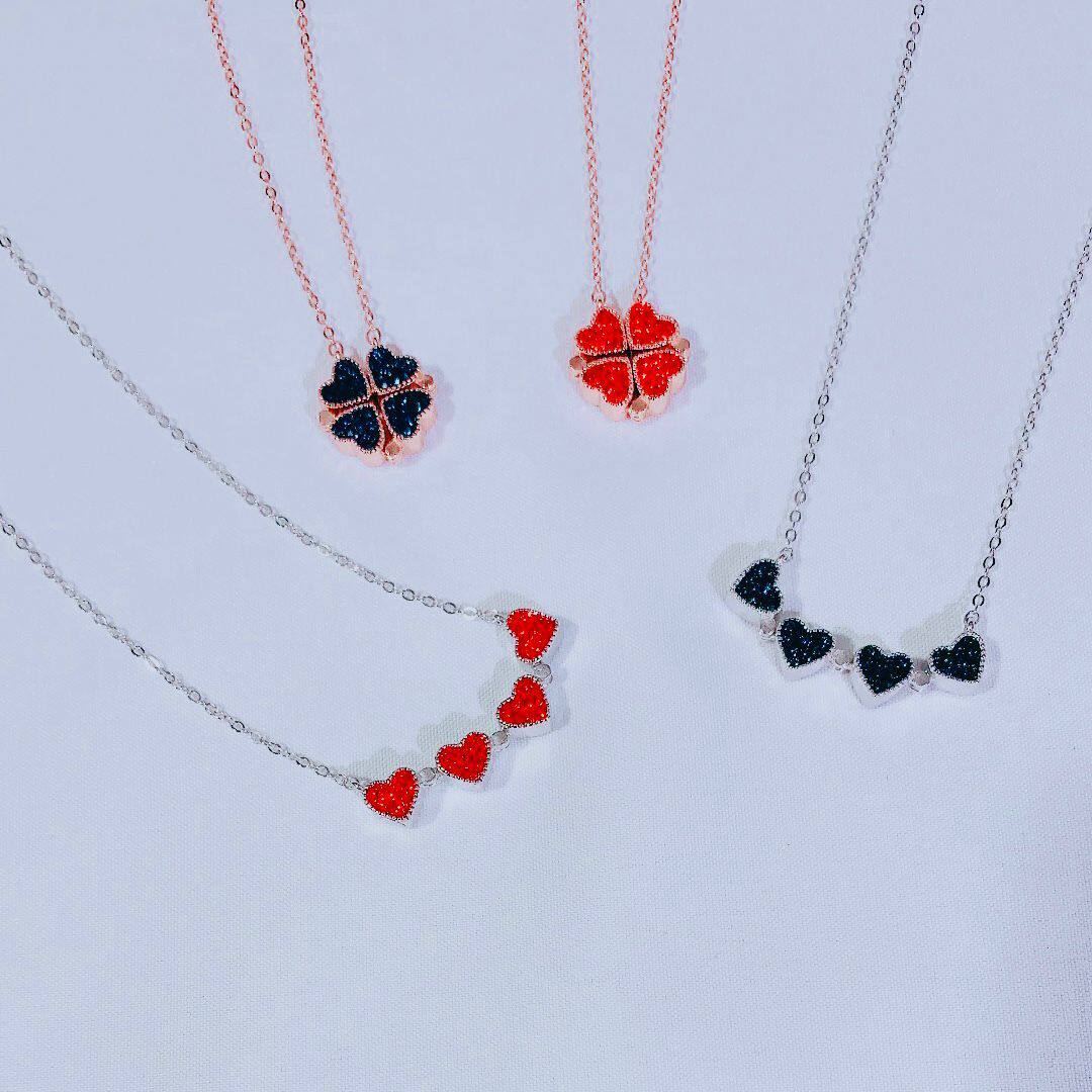 s925纯银双面折叠四叶草变形红蓝爱心百变项链一款两戴镶钻配饰品