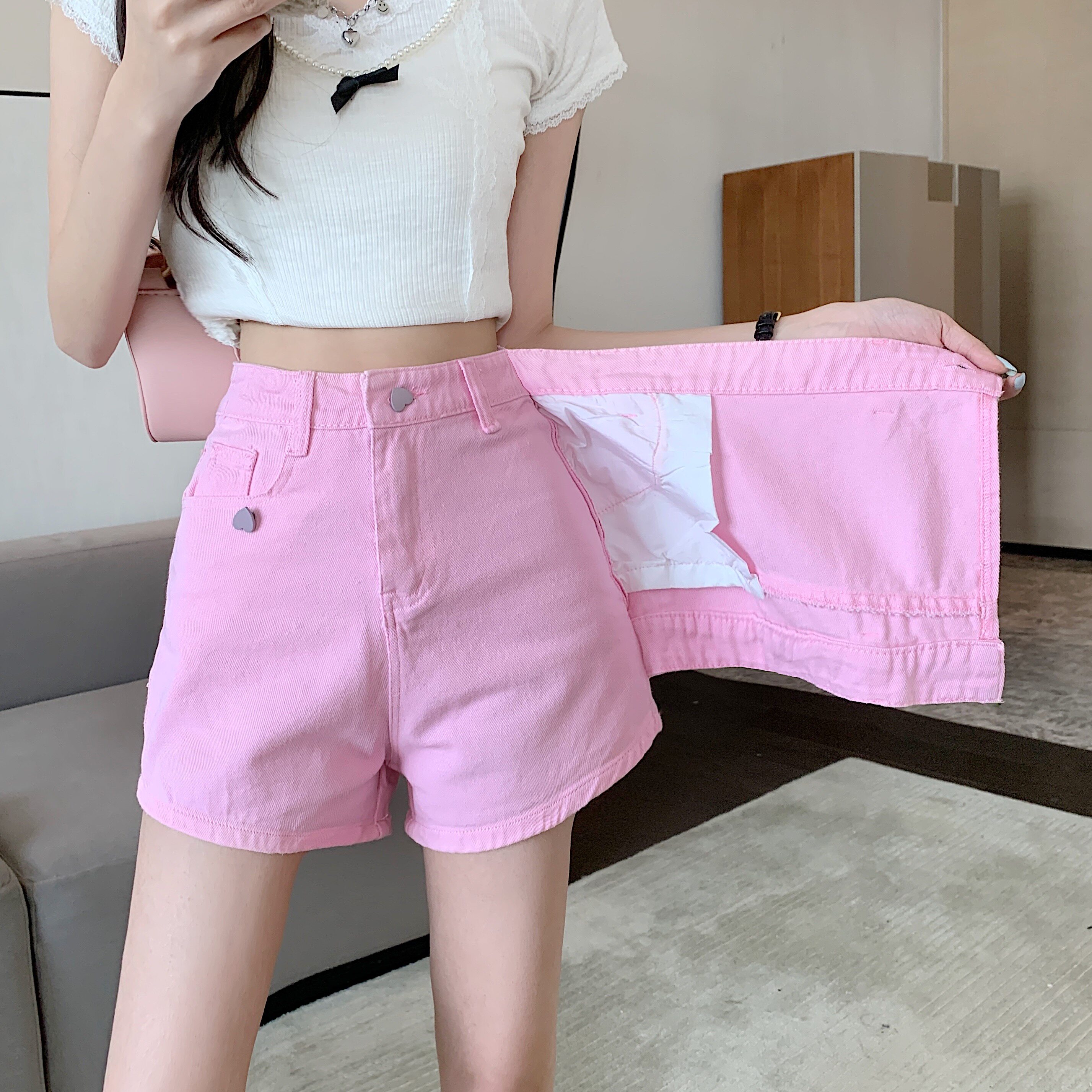 粉色高腰牛仔裤女百搭短裤个性裤裙直筒宽松阔腿裤,女装半身裙,姐妹坊