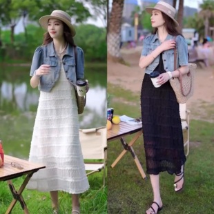 2024年夏新款水洗牛仔薄款短外套浪漫仙气白色吊带连衣裙两件套女