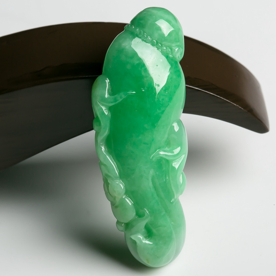 天然翡翠 老坑冰糯种满绿人参如意 10.25克