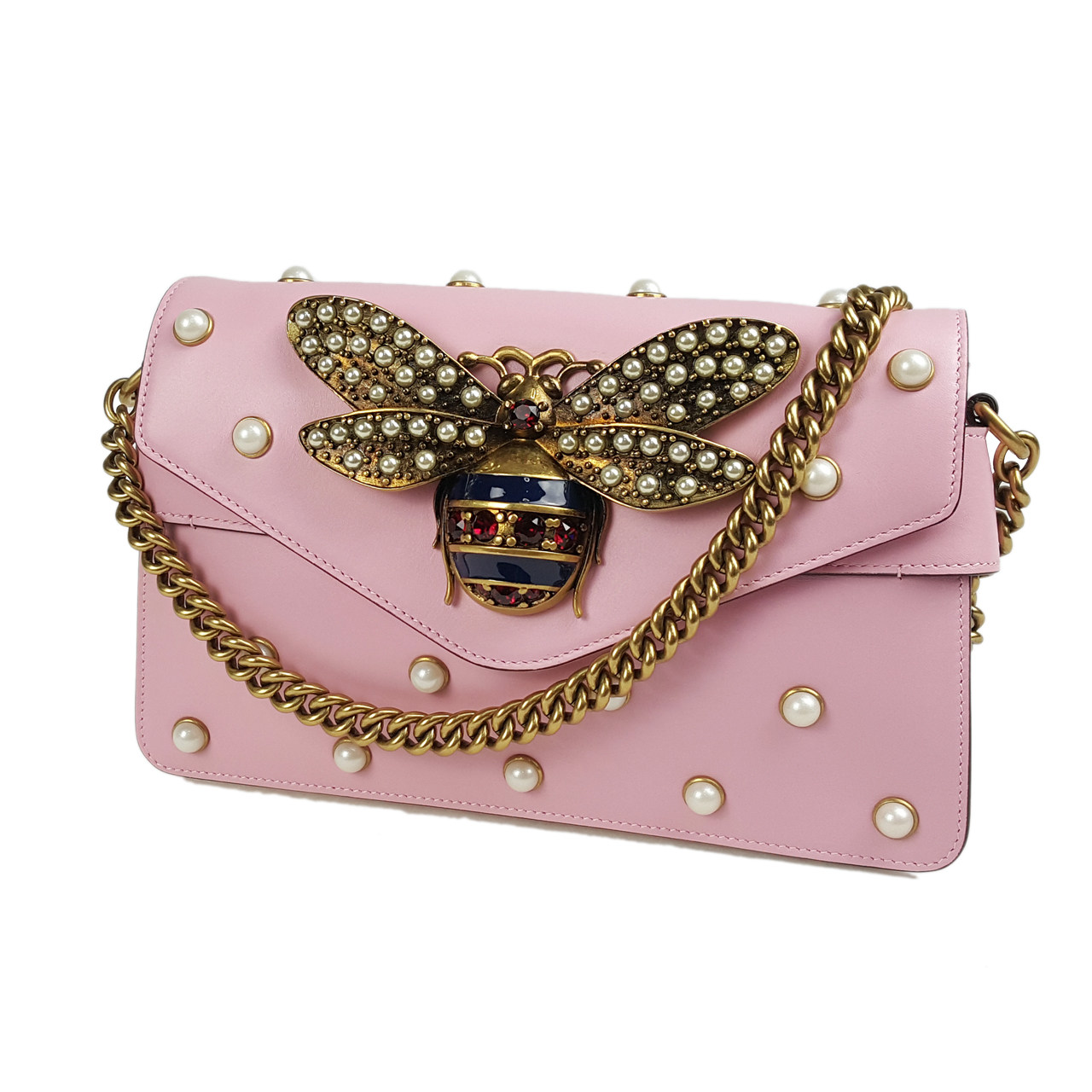 [即拍即得]gucci女士限量款牛皮粉色蜜蜂包高端好货