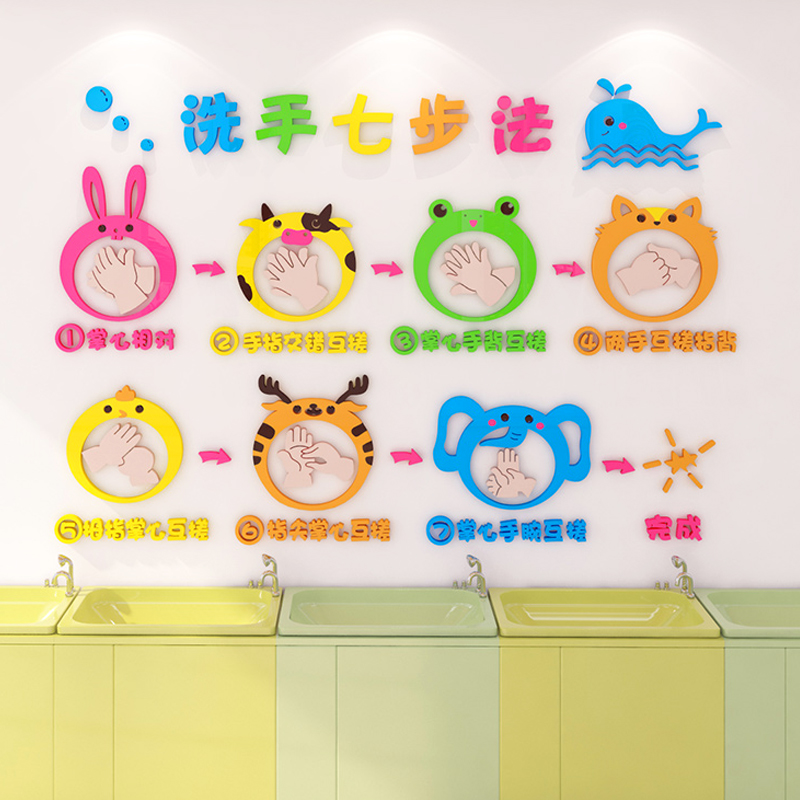 七步洗手法墙贴画3d立体幼儿园墙面装饰洗手步骤防水卡通防疫布置