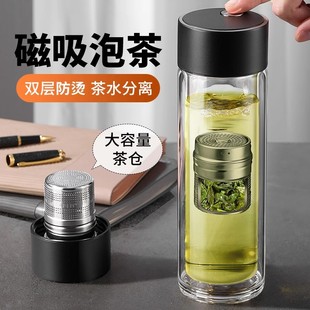 茶杯磁吸茶水分离杯子2024男新款办公温显双层磁弹泡茶杯玻璃水杯