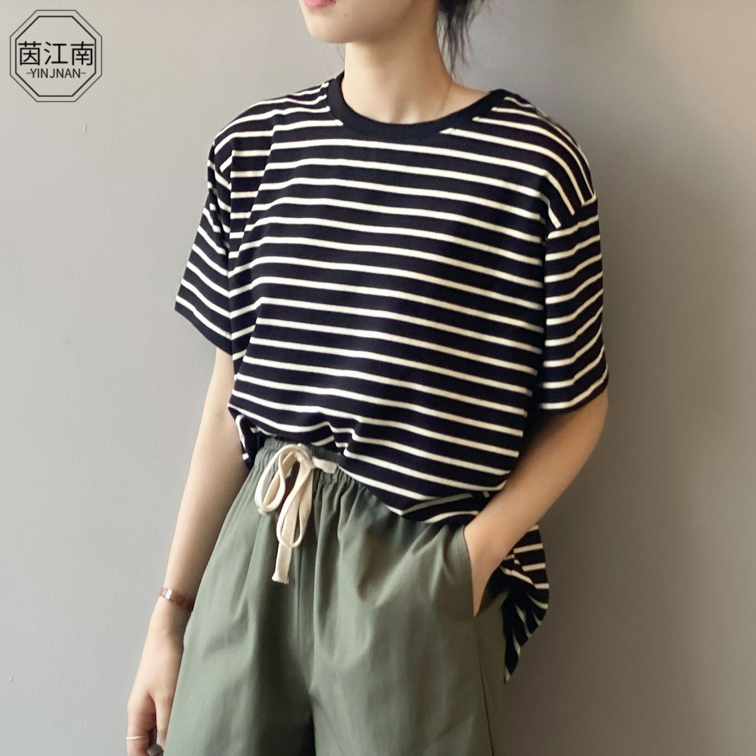 茵江南条纹t恤短袖t恤女2021夏季新款韩版圆领宽松显瘦时尚上衣6