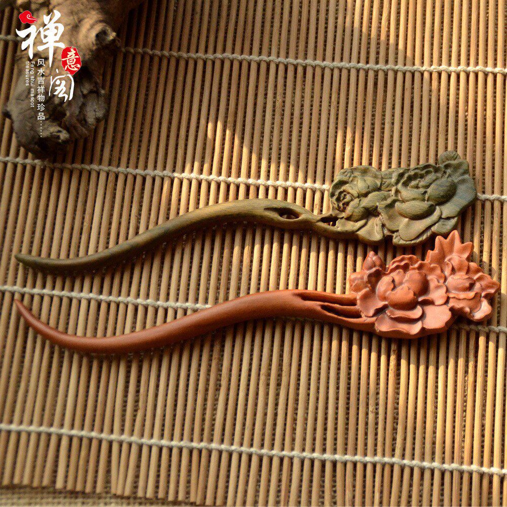 (今日10折)绿檀木雕刻发簪子发钗汉服盘发宫廷头饰发