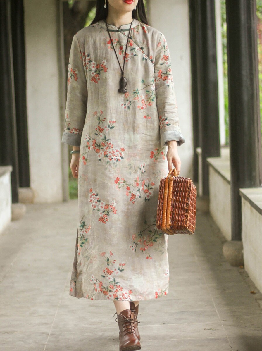 原创袍子改良旗袍秋冬大码印花加厚盘扣连衣裙棉麻加绒中国风长裙