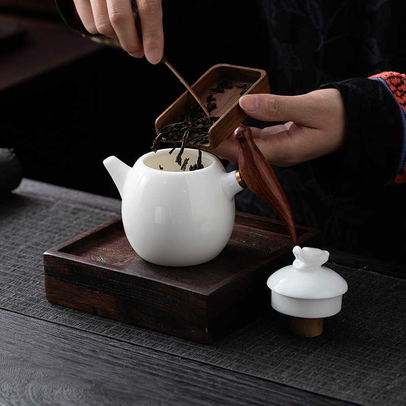 羊脂玉侧把壶白瓷茶壶日式泡茶壶泡茶神器盖托户外旅游高端典雅