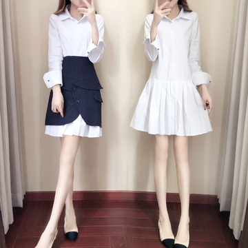 2018新款女装春装长袖连衣裙气质衬衫短裙两件套小香风时髦套装裙 2018新款女装春装长袖连衣裙气质衬衫短裙两件套小香风时髦套装裙