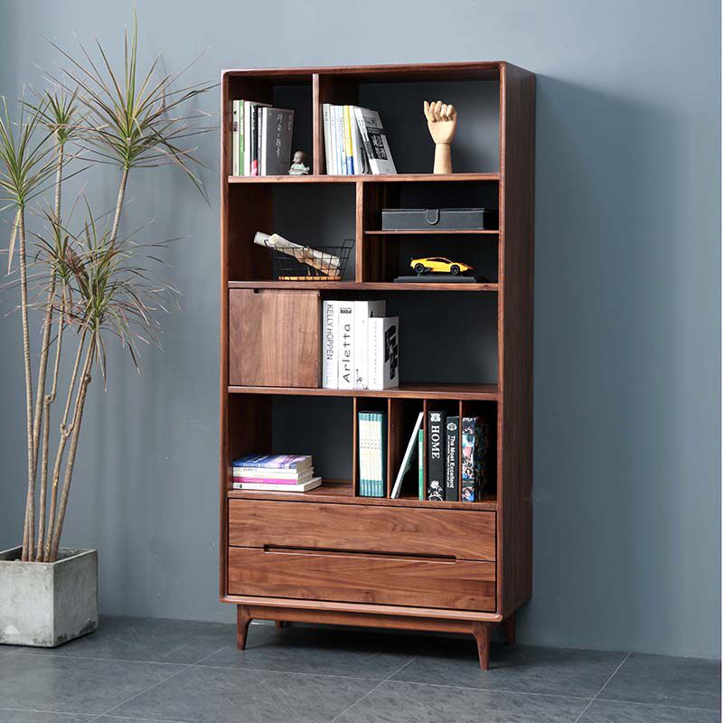 北美黑胡桃木书柜北欧实木书架储物橱简约格子柜组合定制书房家具