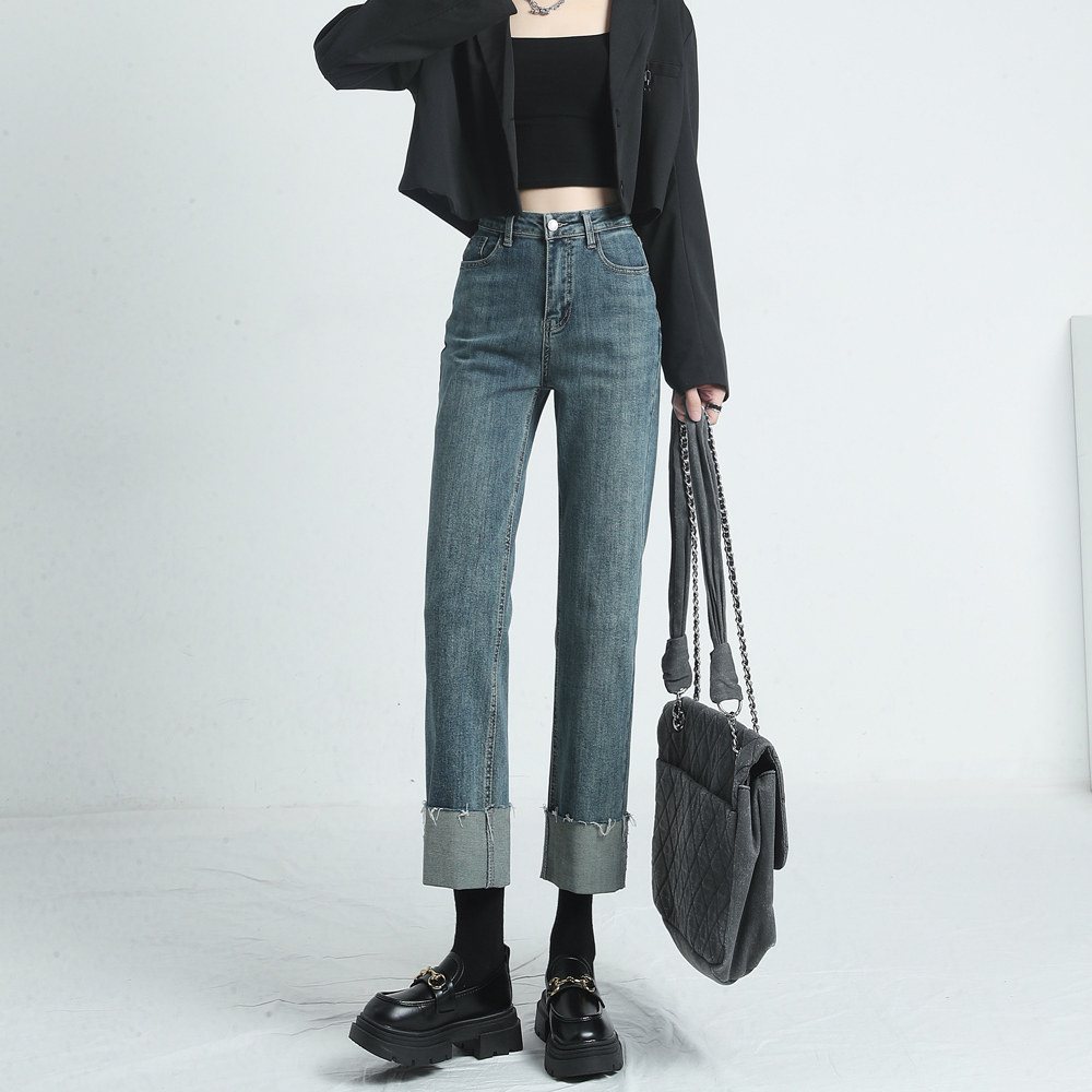 直筒卷边牛仔裤女2022年秋冬新款高腰加绒小个子宽松显瘦烟管裤子