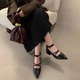 黑色粗跟玛丽珍高跟鞋女法式高级感漆皮交叉细带中跟浅口尖头单鞋