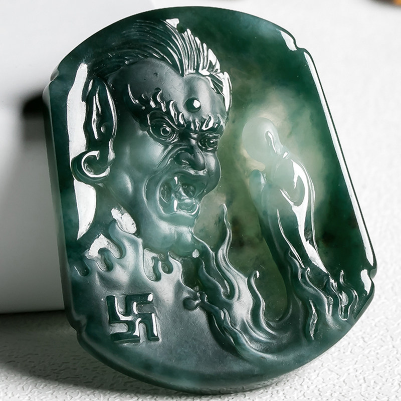 缅甸天然a货翡翠磨砂精雕一念之间吊坠32.76克