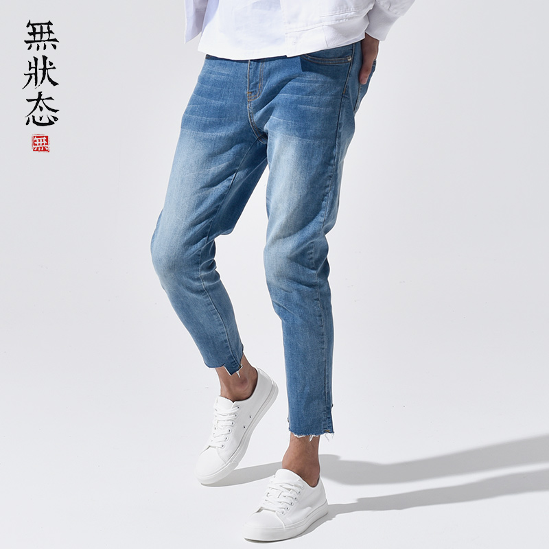 无状态破洞牛仔裤男潮牌百搭九分裤夏季薄款帅气浅色学生修身小脚