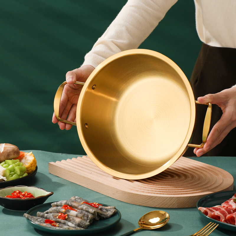 韩式304不锈钢泡面锅单人小火锅金色双耳干锅家用燃气汤锅海鲜锅