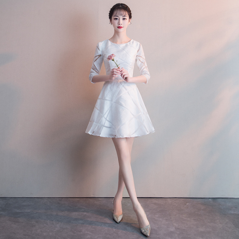 白色伴娘服2018新款秋冬季学生艺考短款显瘦宴会洋装小礼服裙少女