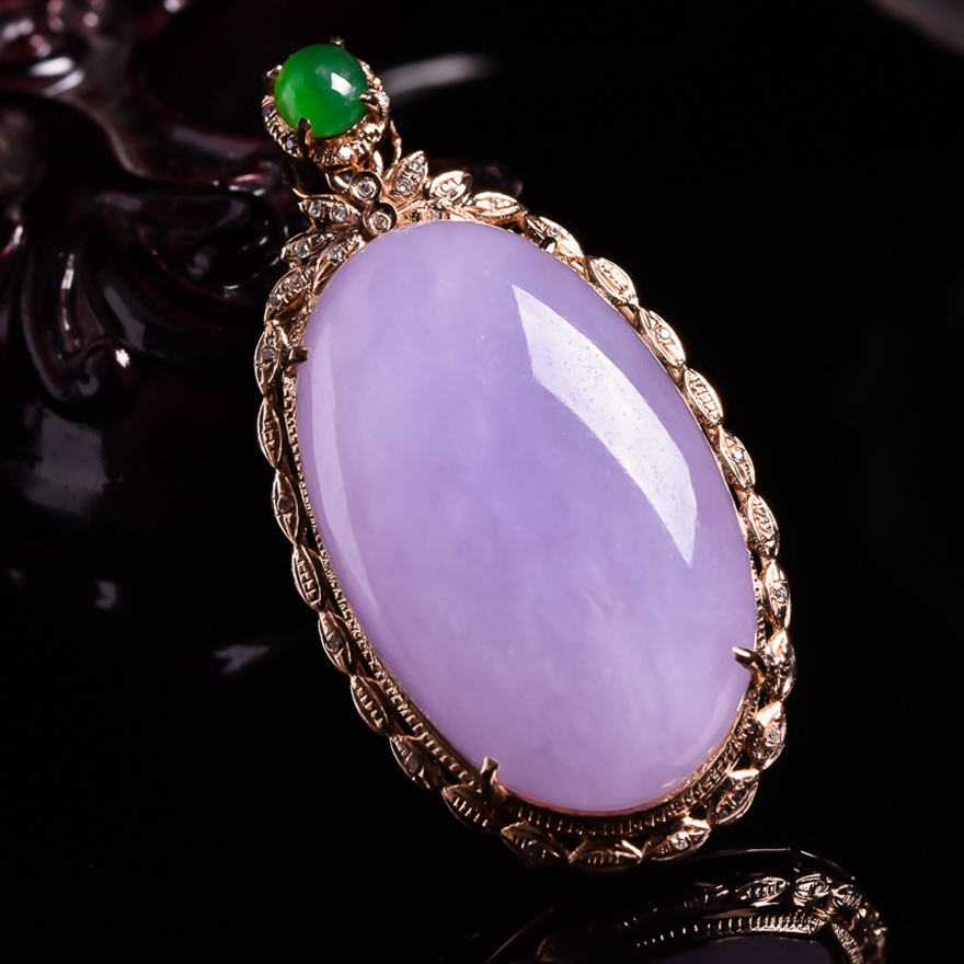 缅甸天然a货翡翠 18k金伴钻镶嵌紫罗兰蛋面吊坠7.89g