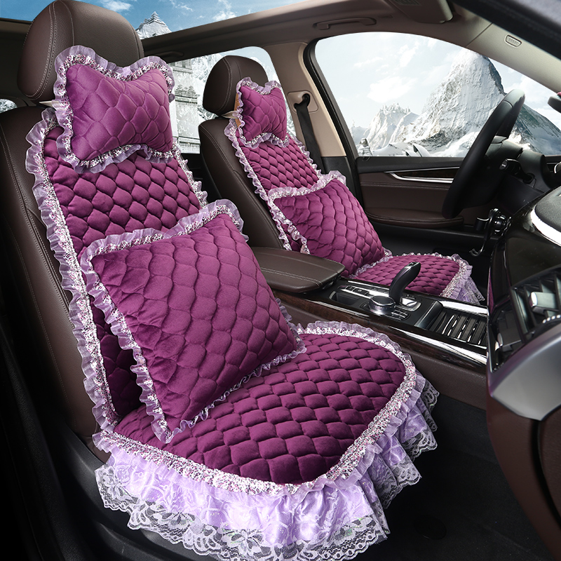 蕾丝汽车坐垫冬季短毛绒保暖通用三件套座垫网红女神款花边座椅套