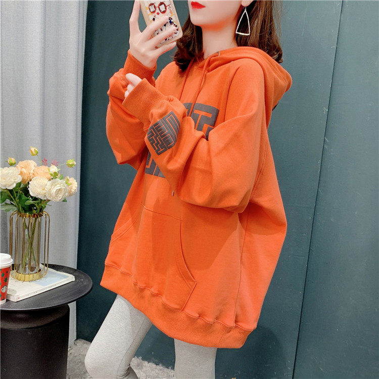 中长款橘色连帽卫衣女春装2022新款韩版宽松慵懒风印花迷宫外套潮